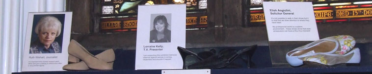 The shoes donated by Ruth Stoddart, journalist, Lorraine Kelly, TV presenter and Elish Angiolini, Scotland's Solicitor General