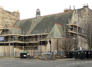 View of the Calton Centre surrounded by scaffolding