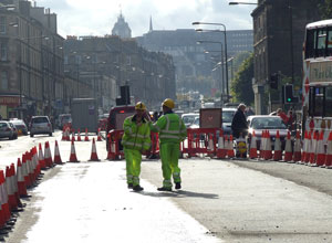 View of Trams for Edinburgh works looking up Leith Walk to Edinburgh
