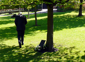 Man walking away solemnly under a sun dappling tree