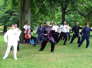 Tai chi specialist dressed in white and black move in formation, under a tree