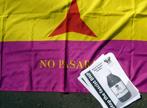 The flag of the 15th International Brigade with flyers camapigning against the BNP of 2009