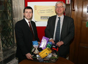 Local MP, Mark Lazarowicz, showing of a basket of the latest Fairtrade products with Douglas Akexander, in the House of Commons