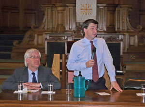 Mark Lazarowicz listens to Douglas Alexander speaking