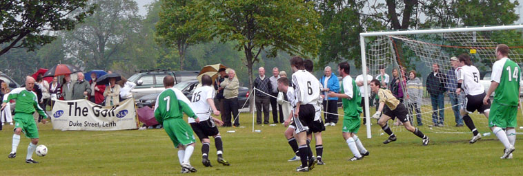 Hibs Legends defending  on Leith Links