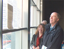 Fay Young and Macolm Chisholm viewing comments and suggestions at the first Leith Open Space event in 2005