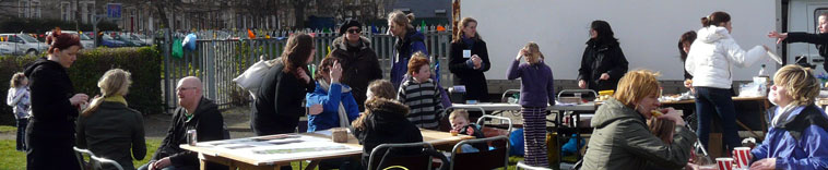 People seated around various tables