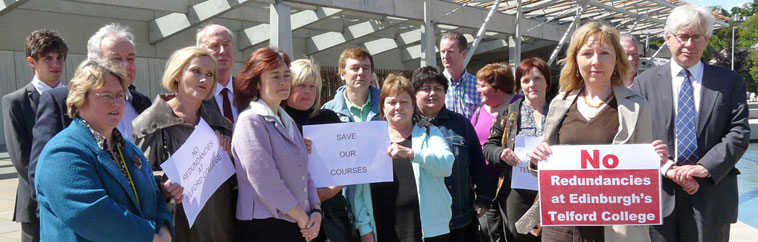 Telford College staff  outside the Scottish Parliament with supportive MSPs and Mark Lazarowicz, MP for North and Leith