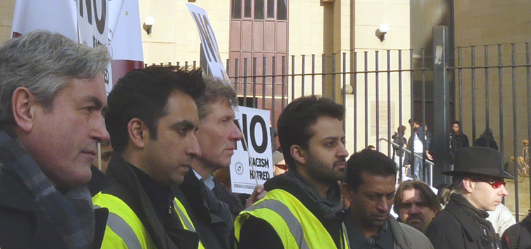 Iain Gray (Leader of  Scottish MSPs) Aamer Anwa, Kenny MacAskill (Scottish Junstice Secretary), and Osama Saeed (Scottish Islamic Foundation and SNP) in a minute's silence outside Edinburgh Central Mosque