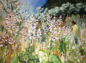 Painting of an olive grove in bloom with a woman in yellow shirt and blue jeans in the background