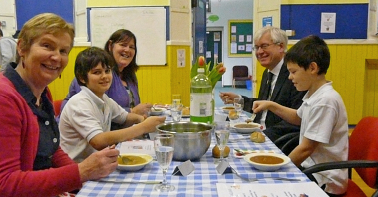 Group seated at a table with a blue and white check table cloth